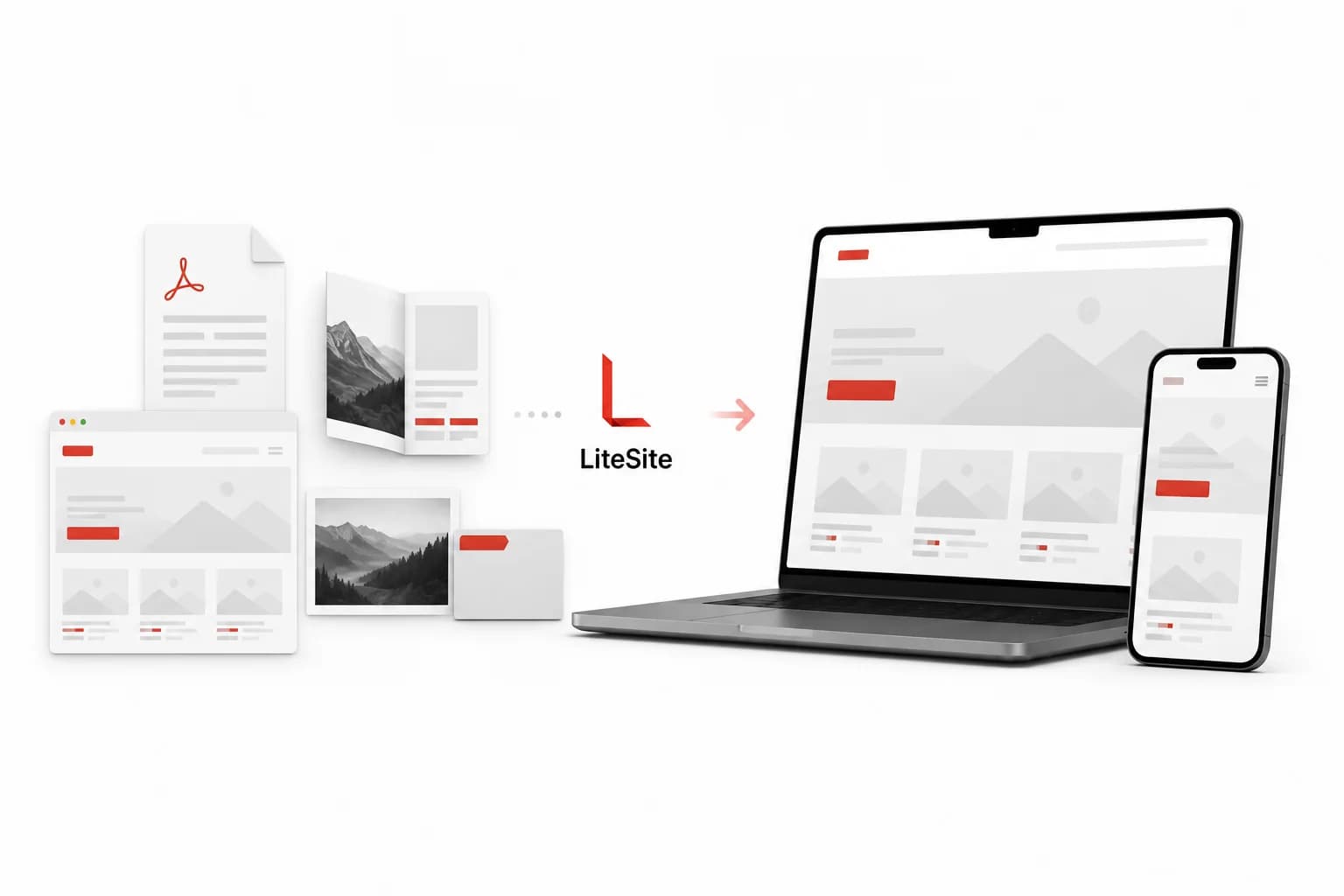 Existing website, documents, and images becoming a website shown on desktop and mobile screens