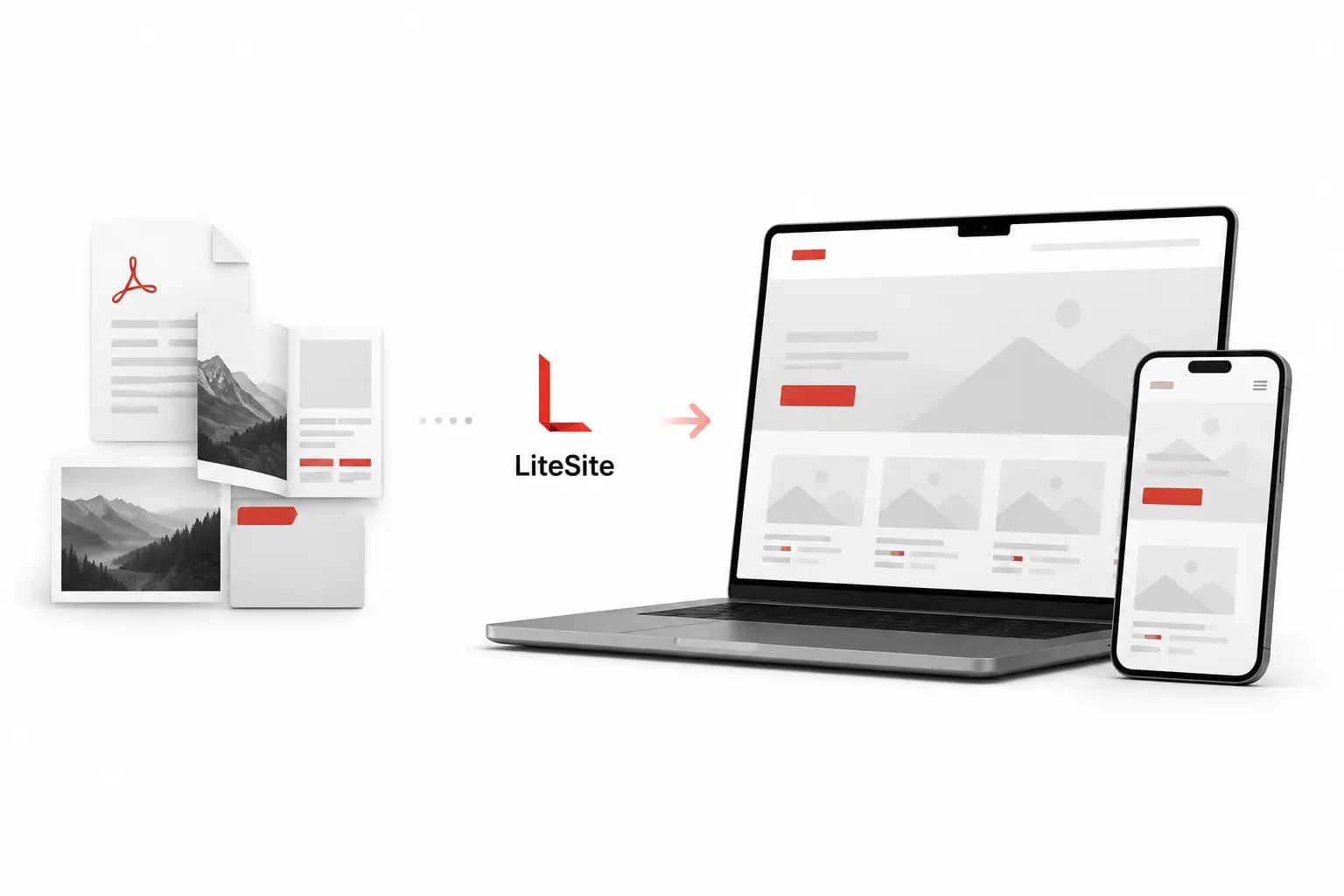 Company documents unfolding into responsive desktop and mobile website screens